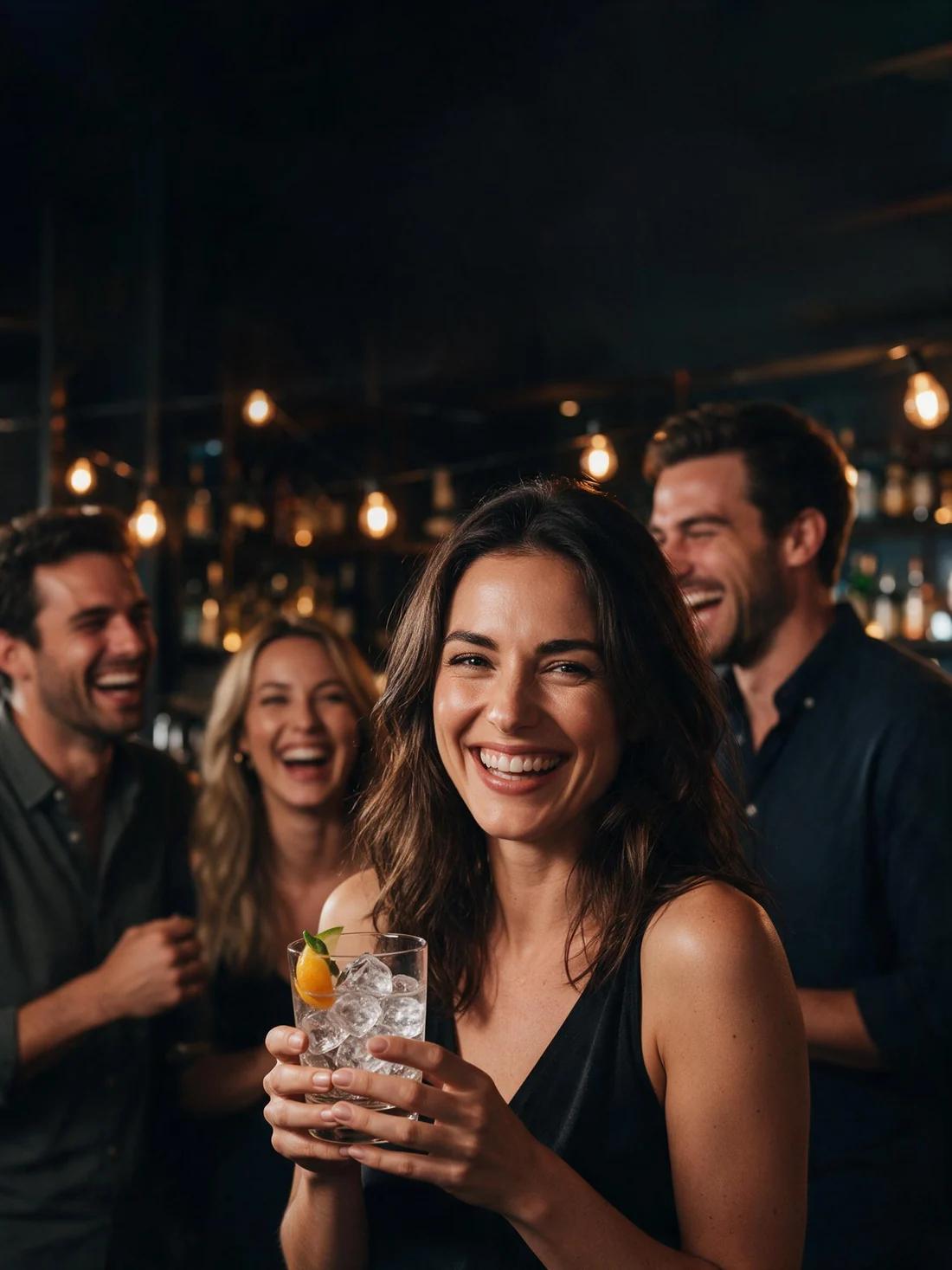Four friends laughing together over cocktails at an upscale bar at night